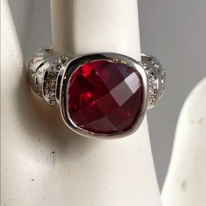 Sterling Cushion cut Ruby & Diamond CZ ring